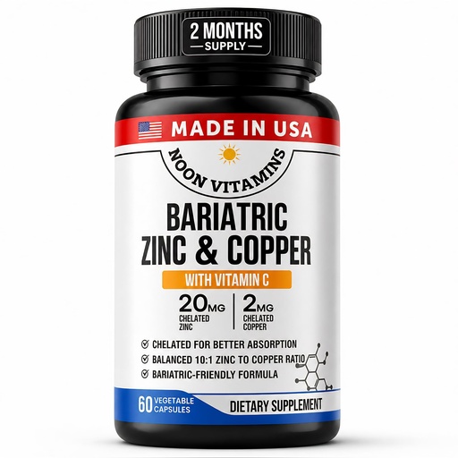 [BRSRGH3YPIDQIAI7] Bariatric Zinc 20mg with Copper 2mg (10:1 Ratio) + Vitamin C – Balanced Bariatric Formula – TRAACS Chelated Zinc Glycinate – Gentle on Stomach – 60 Capsules – Men & Women – Halal