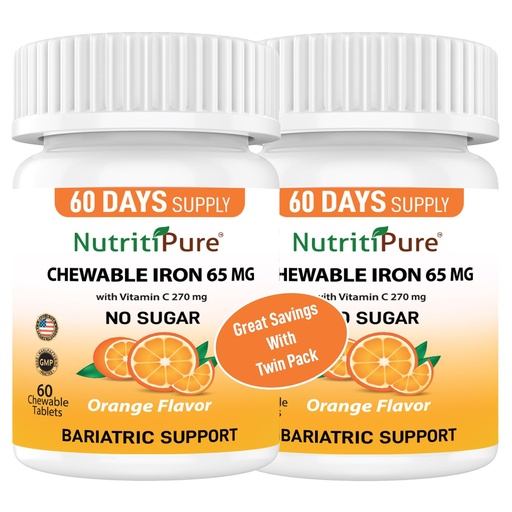 [BRSWGGAOBB5WMFYV] Carbonyl Iron 65mg Chewable Tablets with 270mg Vitamin C – Gentle, Non-Constipating Iron Supplement for Women & Men – Bariatric Friendly – Sugar Free – 2 x 60 Count (120 Day Supply)