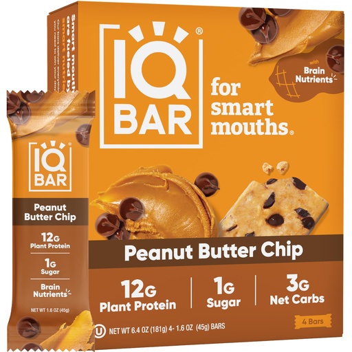 [BRSW2GABCMNGY2A7] IQBAR Brain and Body Keto Protein Bars - Peanut Butter Chip Keto - 4 Count Energy - Low Carb Protein - High Fiber Vegan and Low Sugar Meal Replacement - Vegan Snack