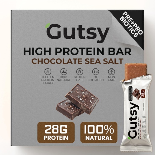 [BRSRGAYDOABQOE3F] Gutsy High Protein Bars | 28g of Whey Protein 1g of Sugar | All Natural Protein Bars with Prebiotics and Probiotics | Healthy Snacks for Adults & Gluten Free Snacks | 4-Pack Chocolate Sea Salt