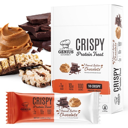 [BRSRMGQTDMJWCFA7] Genius Gourmet Crispy Protein Treat, Chocolate Peanut Butter, Keto Snack, Low Carb, Low Sugar & Gluten Free, Protein Snacks for Adults, 10G of Whey Protein per Protein Bar, 5 Net Carbs, 10 CT