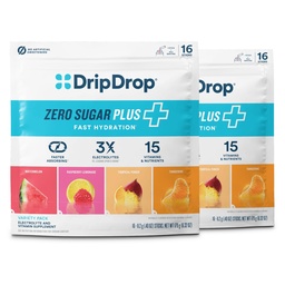 DripDrop Zero Sugar Plus - Sugar Free Hydration Packets- Single Serve Electrolytes Powder Drink Mix - Raspberry Lemonade, Watermelon, Tangerine, Tropical Punch - Non-GMO, Vegan- 16 Sticks (Pack of 2)