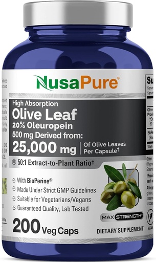 [BRSWKHD3PJ6WYD3B] NusaPure Olive Leaf 20% Oleuropein 50:1 ekstrakt, 500 mg ekvivalentno 25.000 mg 200 Veg Caps Primerno za vegetarijance in Vegane, Non-GMO