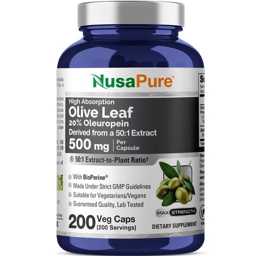 [BRSWKHD3PJ6WYD3B] NusaPure Olive Leaf Capsules 500mg, 200 Veg Caps (Non-GMO, Vegan, Non-GMO)