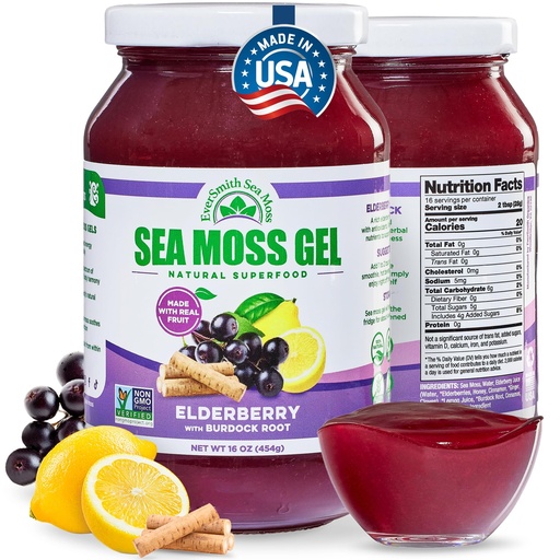 [BRSWYEIOO55AMHTO] EverSmith Organics - Wildcrafted Irish Sea Moss Gel | Made in USA | Rich in Nutrients | Sea Moss Gel Raw | Jarred Vegetables & Fruits | Elderberry (1 Jar)