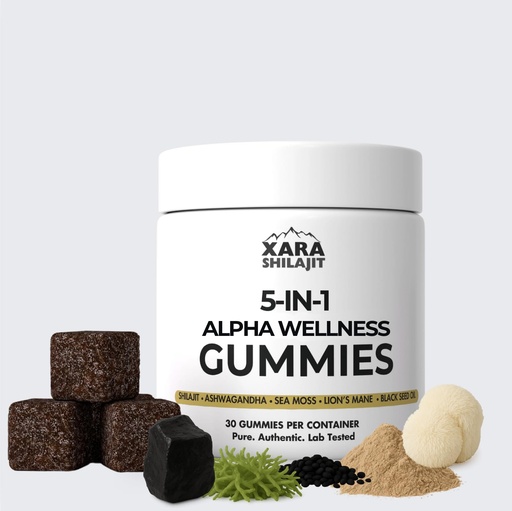 [BRSRE2YRB4PGKCD4] 5-in-1 Alpha Wellness Gummies for Men Pure Himalayan Shilajit, Sea Moss, Ashwagandha, Lion's Mane & Blask Seed Oil, 85+ Trace Minerals, No Added Sugar – Vitality Support