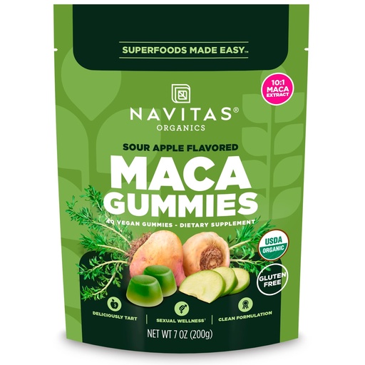 [BRSRGAT5A4JRO3IY] Navitas Organics Gummies – Sour Apple Maca Gummies – 10:1 Maca Extract – Sexual Wellness – USDA Organic, Vegan, Gluten Free, Non GMO (7oz. Bag, 20 Servings)