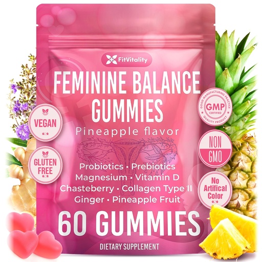 [BRSRE2YNBUAR4DTF] Premium 60 Feminine Balance Gummies – Probiotics, Collagen Type II, Chasteberry, Vitamin D & Magnesium – Gluten-Free, Natural Pineapple Flavor, Vegan