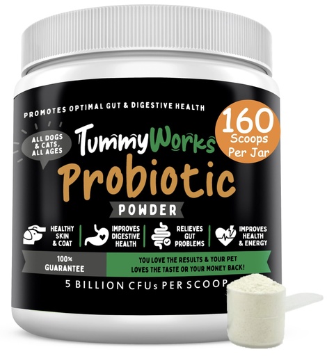 [BRSWKEYQPMNGKCDA] TummyWorks Probiotics for Dogs and Cats. 160 Scoops Probiotic Powder for Digestive Health, Gut, Immunity, Energy, Skin & Coat. 10 Strains, 5 Billion CFUs with 6 Enzymes & Prebiotics. Made in USA.