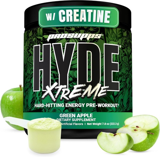 [BRSWGZQEAEFAMEI2] PROCOFS. Hyde Xtreme prieš treniruotes Milteliai su kreatinu, Beta Alanine & Kofeinas - Ekstremalus energija, Siurbliai, Focus & Performance - Fitness & Gym papildai vyrams ir moterims (žalia Apple, 30 Paslaugos)