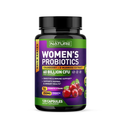 [BRSROBIDBUHWEELJ] Probiotics for Women - 60 Billion CFUs, 16 Strains, with Cranberry, D-Mannose & Prebiotics - Supports Digestive, Immune, & Vaginal Health - Non-GMO, Dairy & Gluten-Free - 120 Veggie Capsules