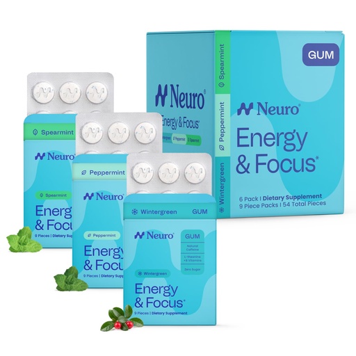 [BRSRE2YFOUHWCFDG] Neuro Variety Pack Gum - Energy & Focus Gum (Peppermint, Spearmint, Wintergreen) - Nootropic Supplement with 40mg Natural Caffeine + L-Theanine for Brain Health - Sugar Free, Vegan - 54 ct, 6 Pack