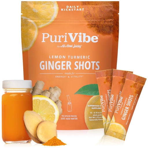 [BRSREBQ5OYIG2HL6] Lemon Turmeric Ginger Shots with Cayenne – Ginger Juice Superfood Powder – Natural Energy & Daily Kickstart Immunity Shots – 15 Wellness Shots Stick Packs – PuriVibe