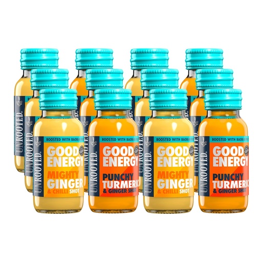 [BRSROCYFOZ6RUE35] UNROOTED Good Energy Shot (12 Pack, Multipack) - 6X Mighty Ginger, 6X Punchy Turmeric -12 x 60ml Bottles