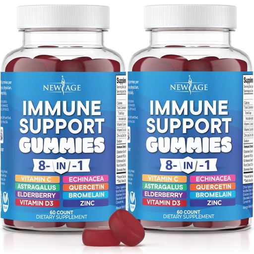 [BRSRMBANCMBRSDQ4] NEW AGE 8 in 1 Immune Support Booster Supplement with Astragalus Root, Vitamin C and Zinc 50mg, Vitamin D 5000 IU, Quercetin & Bromelain (8 in 1 Gummies (Pack of 2))