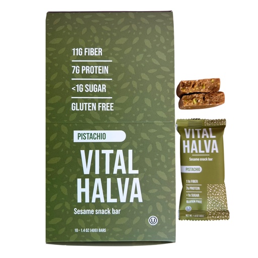 [BRSRGBATBUHBA2DA] NEW FLAVOR: Pistachio, Vital Halva Gut-Friendly Sesame Bar, Fiber, Protein, Low Sugar, Gluten-Free Vegan Snack - 40g (Box of 10)