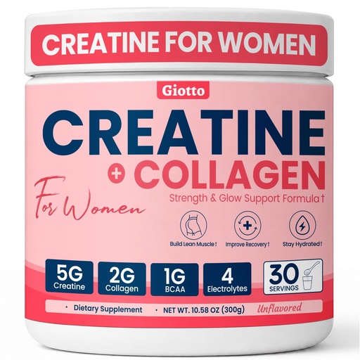 [BRSRGHDRDIBAAETA] Giotto Creatine for Women, Micronized Creatine Monohydrate Powder with Collagen BCAAs and Electrolytes, Support Glute Gains, Lean Muscle, Energy Recovery & Hydration, Unflavored, 30 Servings