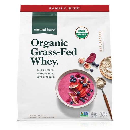 [BRSW2EIFCN4B4H3G] Natural Force Grass Fed Organic Whey Protein Powder – Non GMO Verified, Humane Certified & Lab Tested for Toxins – Pure & Unflavored – Keto Friendly, Low Carb, and Kosher – 5 Pound A2 Protein