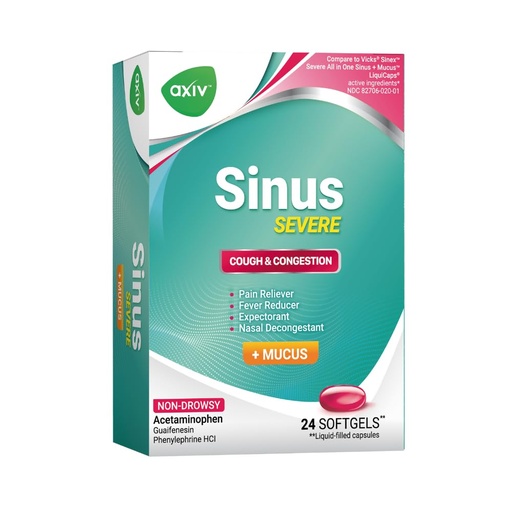 [BRSRAEA7DN5GCFLP] AXIV Sinus Severe + Mucus Relief, Non-Drowsy, Loosens Mucus, Maximum Strength Relief of Pain, Pressure, Congestion, & Headache Ease, 24 Softgels.