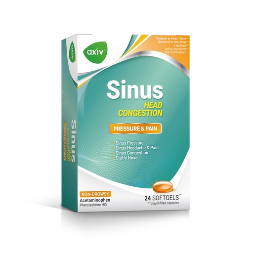 [BRSREHAPA4BB6CLG] AXIV Sinus Head Congestion Relief, Non-Drowsy, Maximum Strength for Sinus Pressure, Headache, Pain & Stuffy Nose, 24 Softgels