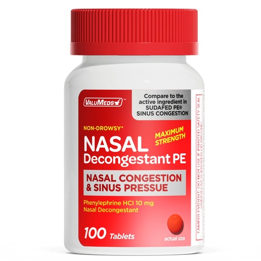 [BRSREBD2DMCWEGTP] ValuMeds Nasal Decongestant PE Non-Drowsy for Adults | Maximum Strength Phenylephrine HCl 10mg to Relieve Sinus Pressure from Cold or Allergies | Comparable to Sudafed PE Congestion | 100 Tablets