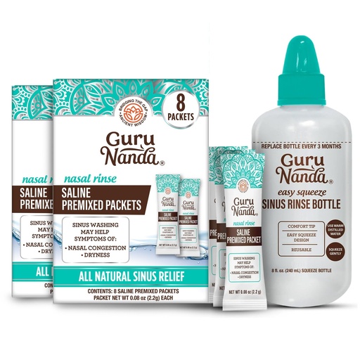 [BRSREC32AABREC36] GuruNanda Sinus Rinse Bottle & Saline Premixed Packets 16ct - All Natural Sinus Rinse Packets to Help with Allergies & Congestion Relief, 0.08oz Each