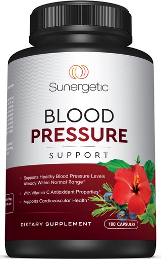 [BRSRABL7A4FRGHL5] Sunergetic Premium Blood Pressure Support Supplement for Cardiovascular & Heart Health with Garlic, Hawthorn & Hibiscus (180 Capsules)