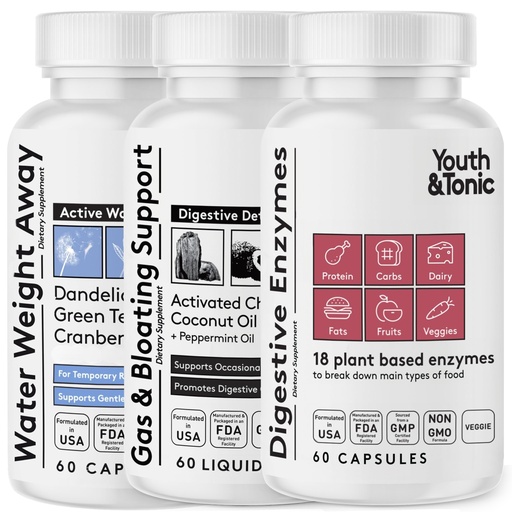 [BRSRAZL7BYNBOELV] Youth & Tonic Gas and Bloating Support for Water Retention, Gas, and Food Digestion with Water Pills, Liquid Activated Charcoal, and Digestive Enzymes Bundle Pack