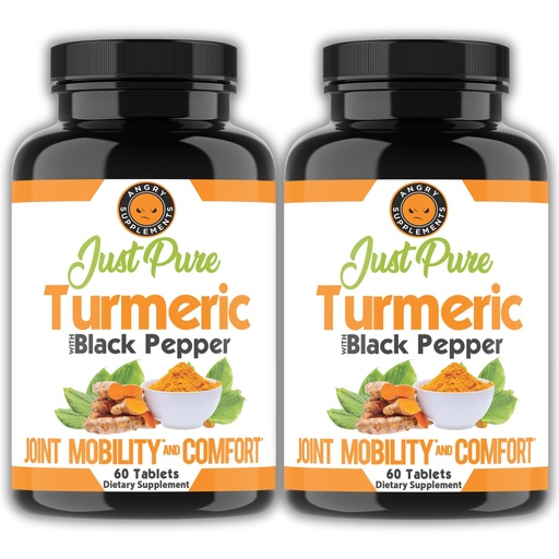 [BRSRABQ7CUGRUYI3] Angry Supplements Just Pure Turmeric Root with Black Pepper – Support, Comfort, Flexibility Blend, 2-Pack (120 Vegetarian Tablets Total) 4-Month Supply