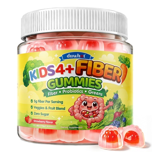 [BRSRGBT4OB6QE3DJ] duwhot Kids Fiber Gummies 5g, Prebiotic Fiber Supplement with Probiotics, Vitamin C D3 B6 & Veggies, Gentle Digestive & Regularity Support, Sugar Free, Strawberry Flavor, 60 Chews