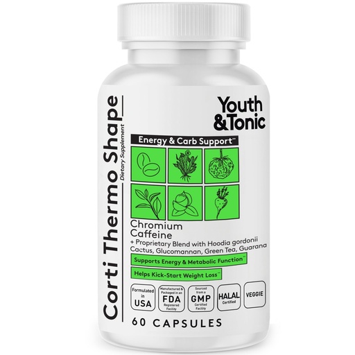 [BRSW2GI2CUNWC2Y7] Youth & Tonic Corti-Thermo Shape 60 Capsules Advanced Diet Pills as Support for Energy Metabolism Focus Cravings for Men and Women with Caffeine Chromium Glucomannan Guarana Hoodia Gordonii I