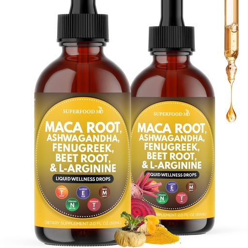 [BRSREFQDCAMR43TL] Superfood MD Maca Root Liquid Drops with Ashwagandha, Nettle, Fenugreek, Beet Root and L-Arginine Liquid Multivitamin for Women and Men - 4 Oz