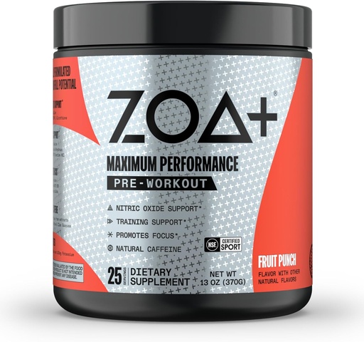 [BRSROFAHAF7Q2F3U] ZOA+ Zero Sugar Pre Workout Powder, Fruit Punch - NSF Certified for Sport with Electrolytes, Creatine, Beta Alanine, Ginkgo Biloba, 200mg Caffeine - 25 Servings