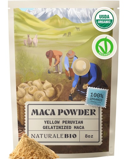 [BRSWGFQKPMPQAEIV] NaturaleBio Maca Powder Organic 8 oz. Peruvian, Natural and Pure, from Organic Maca Root. Vegetarian and Vegan Friendly - Gelatinized. Gelatinized for Enhanced Bioavailability. Ideal for Smoothie.