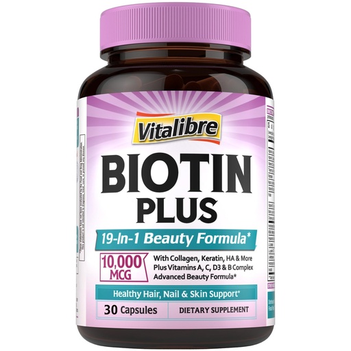 [BRSREEL3B4JQEADZ] Vitalibre Biotin 10000mcg, Vitamin B7, Hydrolyzed Keratin, Hyaluronic Acid, Collagen, Amino Acids, MSM, Vitamins A, C, D3, B Complex, Hair, Nail, Skin, for Men and Women, 30 Caps