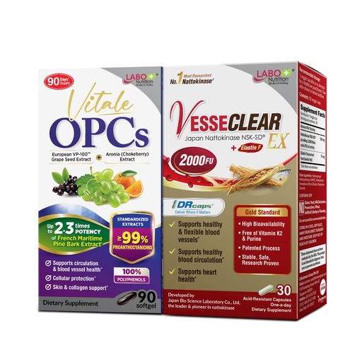 [BRSRGCYNCICBYC3H] LABO Nutrition VesseCLEAR EX & Vitale OPCs Bundle | Nattokinase NSK-SD, Elastin, Grape Seed Extract 100% Polyphenol Antioxidants | Supports Circulation, Blood Vessel Function, Skin Health