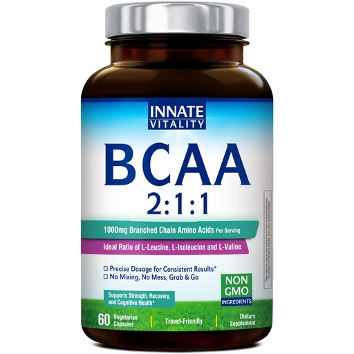 [BRSREHYDCAAQA3LZ] Innate Vitality BCAA Capsules, for Men & Women, 2:1:1 Branched Chain Amino Acids, L-Leucine, L-Isoleucine, L-Valine, No Mixing, No Mess, Energy, Recovery, Focus, On-the-Go, Non-GMO, 60 Count