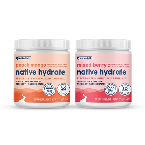 [BRSRAFT2OR4AACT2] NativePath Hydrate Duo - Mixed Berry & Peach Mango Electrolyte Drink Mix with BCAA for Hydration