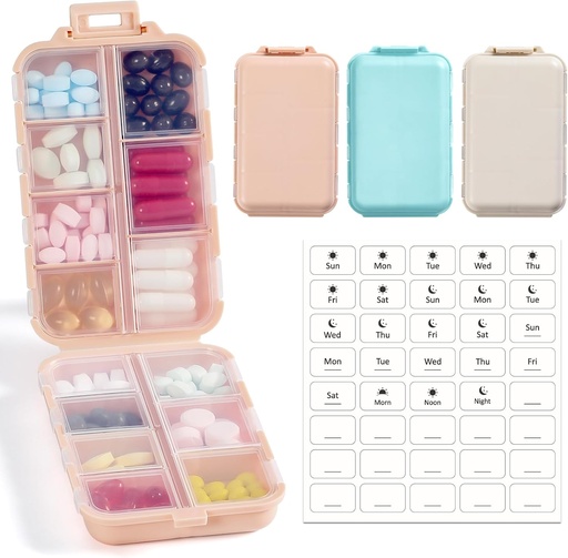 [BRSRAZAOAV5GODT2] 3 Pack, 14 GRIDS Travel Pill Organizer Box with Labels - Travel Medicine Case Kit - Pocket Daily Pharmacy Container - Travel Medication Holder Dispenser for Fish Oil Vitamin Supplement Storage