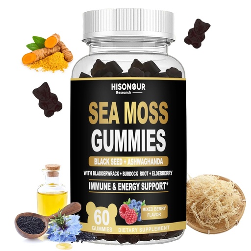 [BRSREFT3CVYWECL5] Sea Moss Gummies with Black Seed Oil, Ashwagandha, Ginger, Irish Sea Moss for Immune & Energy Support, Mixed Berry Flavor, Vegan, 60 Count