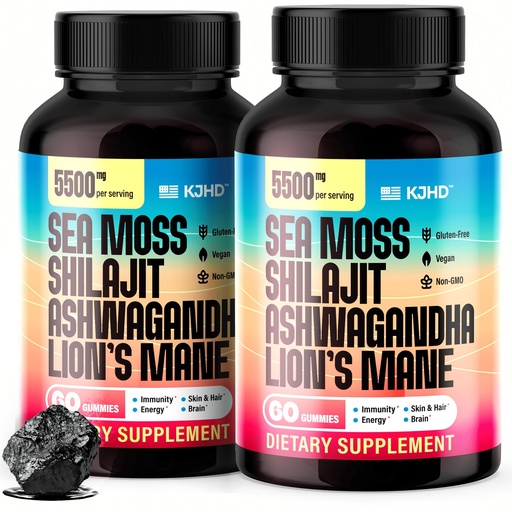 [BRSREZ37OUGRQYDO] KJHD 2 Pcs Shilajit Ashwagandha Gummies with Sea Moss, Beet Root, Lion’s Mane Mushroom & Black Seed Oil – Organic Herbal Superfood Supplement – 120 Vegan Gummies