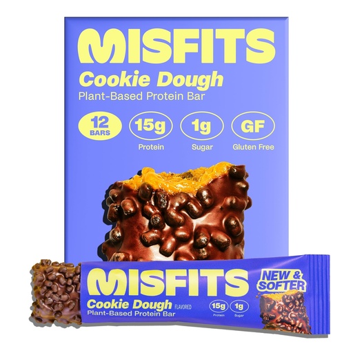 [BRSRE2QZOYORY3A2] Misfits Vegan Protein Bars - Chewy Cookie Dough | Nutrition Bars - 15g Protein, 1g Sugar, Plant-based, Low Carb, Non-GMO, Gluten Free Snacks | Pack of 12