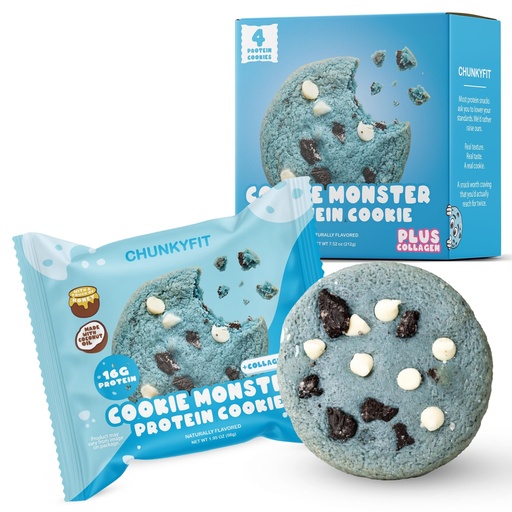 [BRSRGAQPCUMGACQY] CHUNKYFIT Cookie Monster Protein Cookie - Made with Coconut Oil, Collagen, 16g Protein, a Touch of Honey, Soft Baked Balanced Snack, Good for Post Workout Recovery - 1.87 OZ - 4 Pack