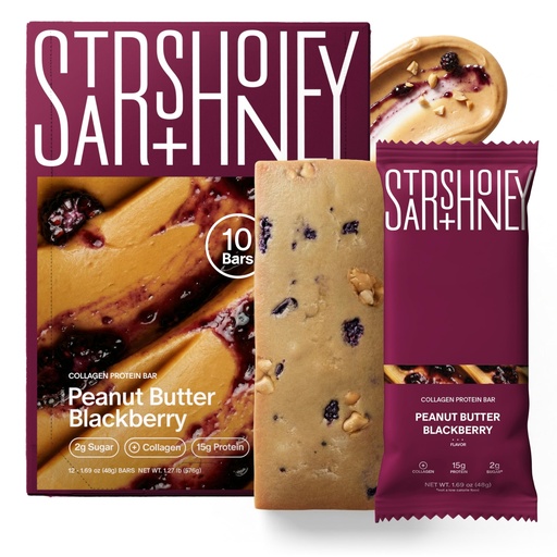 [BRSREHA2OAJWMAAZ] Stars + Honey Protein Bars, Peanut Butter Blackberry, 15g Protein, 2g Sugar, with Collagen Peptides, Dairy Free, Soy & Gluten Free Snacks, Keto Friendly, No Seed Oils or Sugar Alcohols, 10 Pack