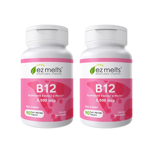 [BRSREAYNAABQ4CLX] EZ Melts Dissolvable B12 Methylcobalamin 2,500 mcg - Vitamin B12 for Energy & Immune Support - Non-GMO, Vegan & Gluten-Free - Red Cherry - 90 Sublingual Tablets (2 Pack, 180 Servings)