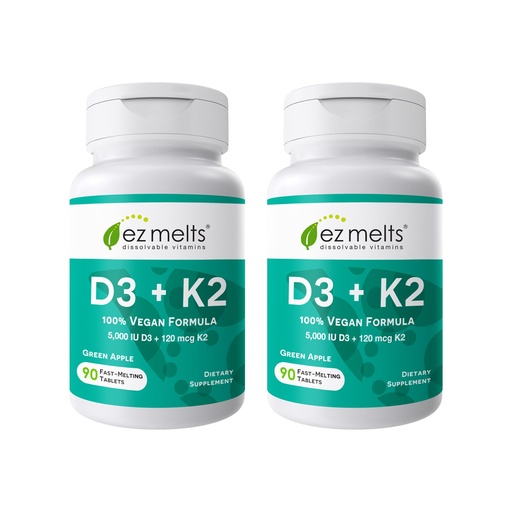 [BRSREAYNBEBR4CDK] EZ Melts Dissolvable Vegan Vitamin D3 + K2 5,000 IU - Bone & Heart Health Support - Immune Function Support - No Artificial Flavors - Non-GMO - Green Apple - 180 Dissolvable Tablets (180 Servings)
