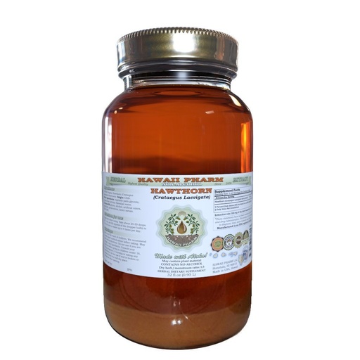 [BRSWKEYHOYPAK2IV] Hawaii Pharm Hawthorn Alcohol-Free Liquid Extract, Hawthorn (Crataegus Laevigata) Dried Leaf and Flower Glycerite Natural Herbal Supplement 32 oz Unfiltered