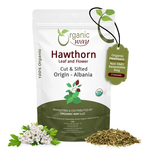 [BRSRAFQ7BN6Q4ALF] Organic Way Hawthorn Leaf and Flower Cut & Sifted (Crataegus monogyna) - Herbal Tea | European Wild-Harvest | USDA & Kosher Certified | Non GMO & Gluten Free | Origin - Albania (2 Oz)