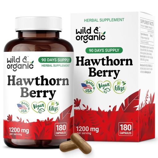 [BRSRAHA3BMARAFYV] Wild & Organic Hawthorn Berry Capsules 1200 mg - Overall Support - Hawthorn Berry Powder Supplement - Crataegus Monogyna Fruit - 90 Days of Supply - Vegan, No Fillers, Non-GMO - 180 Count
