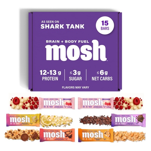 [BRSRMAL5PIFQEDY2] MOSH Variety Pack Keto Protein Bars, High Fiber, Low Carb, Gluten Free, High Protein, Brain Healthy Snack with Ashwagandha, Lion's Mane, 15 Count
